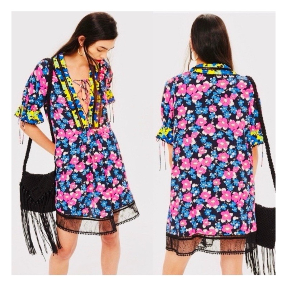 Topshop Mini Dress Women US 4 Black Multi Floral Lace Trim Pom Pom Boho Festival